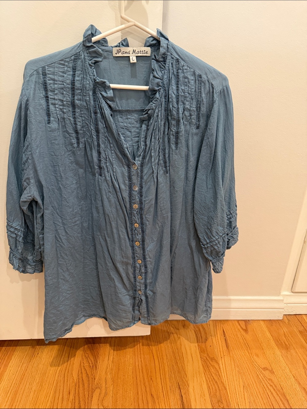 JP and Mattie Light Blue Button-Down Pintuck Blouse